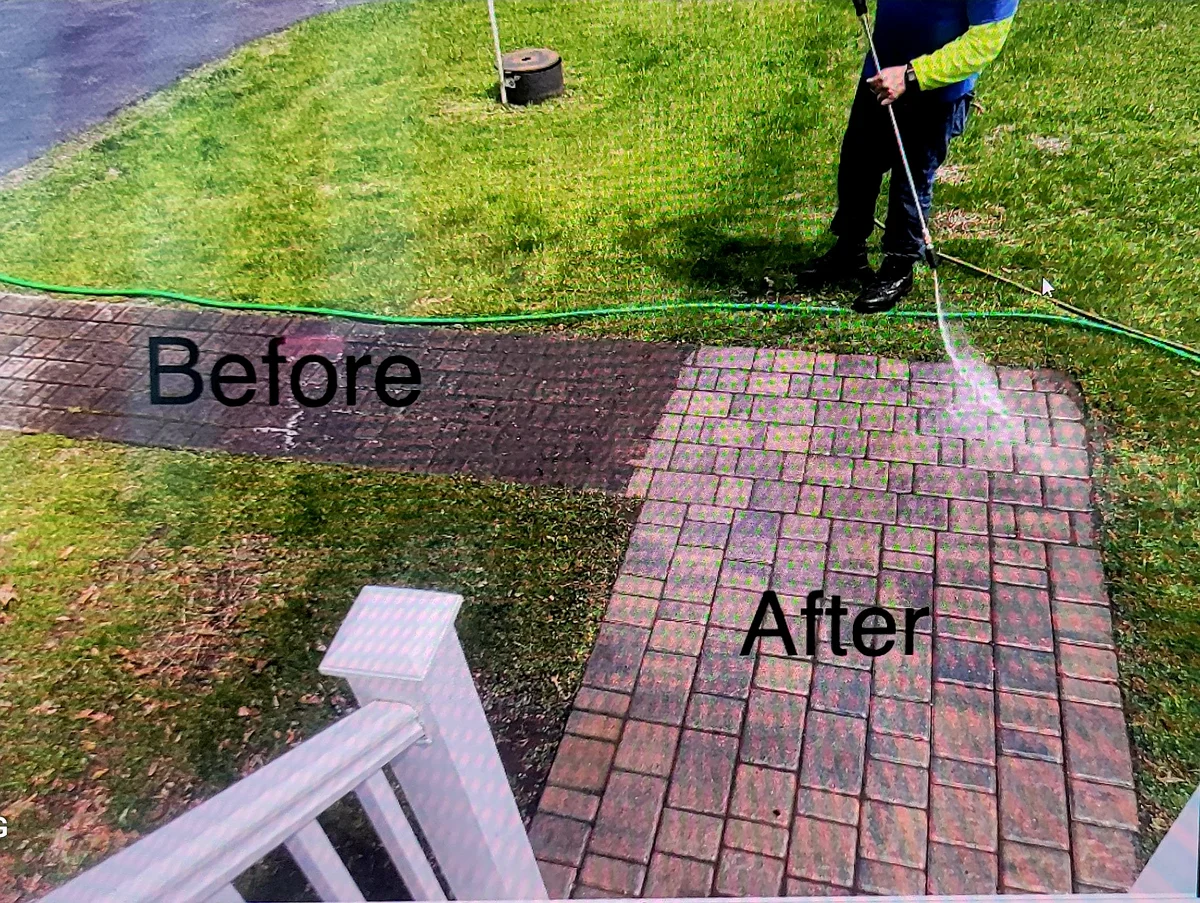 Side-by-side before and after of a brick walkway cleaned with power washing, dramatic color transformation visible