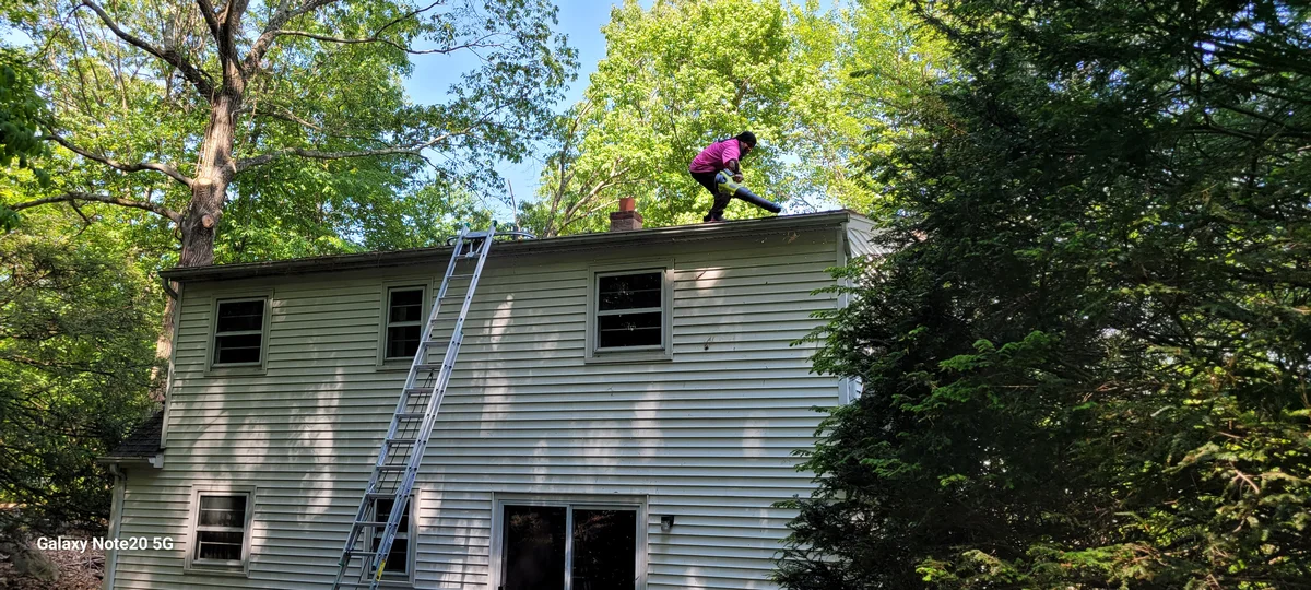 Worker on ladder washing the exterior of a two-story house surrounded by lush green trees