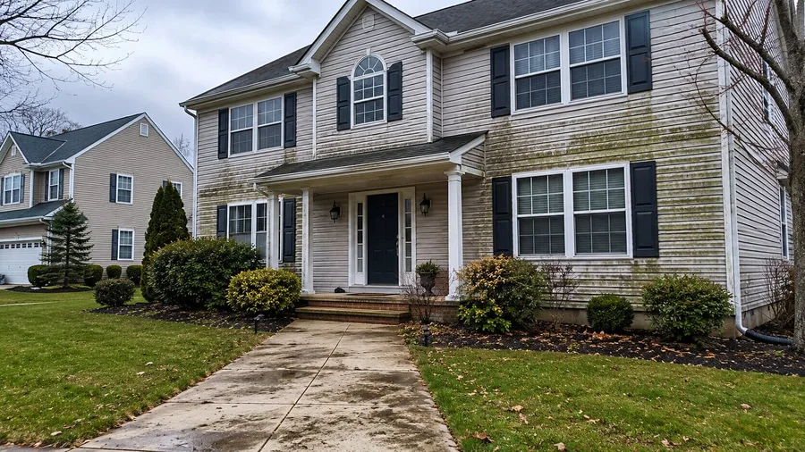 Neglected suburban house exterior with dirty siding