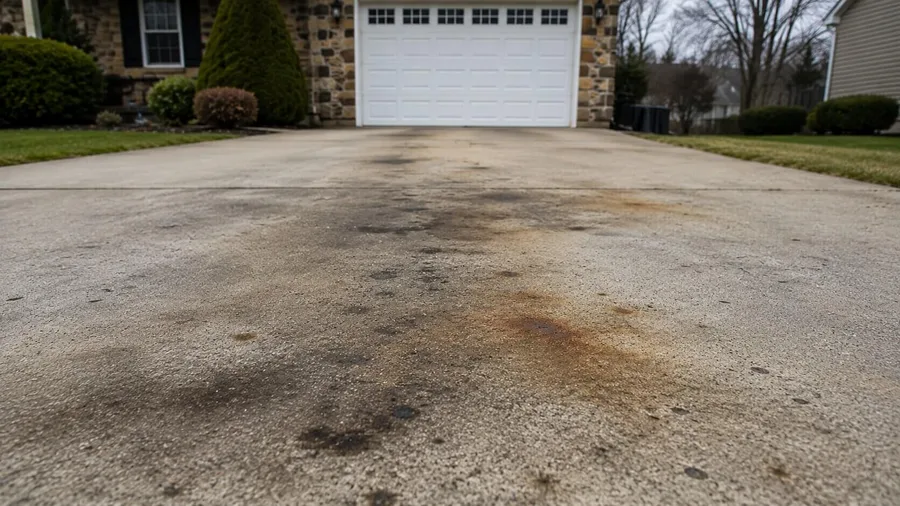 Stained concrete driveway with oil marks